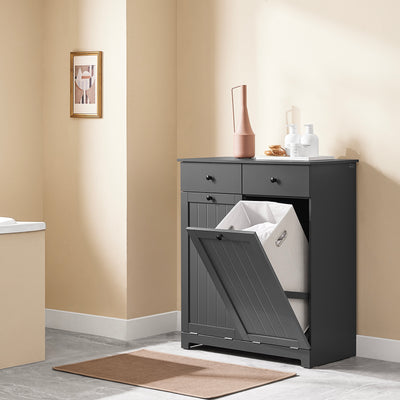 SoBuy Badezimmerschrank mit Wäschekorb - Badschrank mit 2 Wäschesäcken, 2 Schubladen - Stabiler Wäscheschrank für Bad, Waschküche, Wohnung