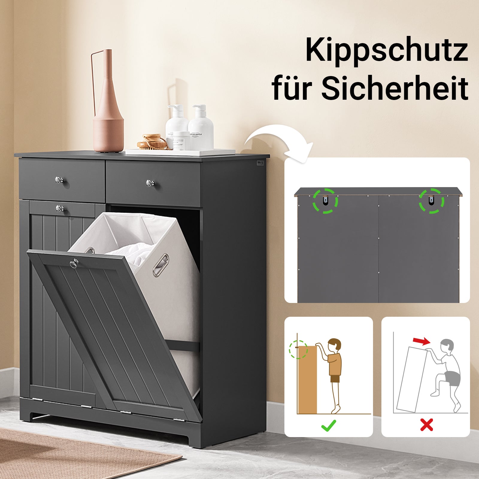 SoBuy | Badezimmerschrank mit 2 Wäschesäcken | Wäschesammler | Wäschekorb Dunkelgrau | 78x90x38cm | BZR33-II-DG