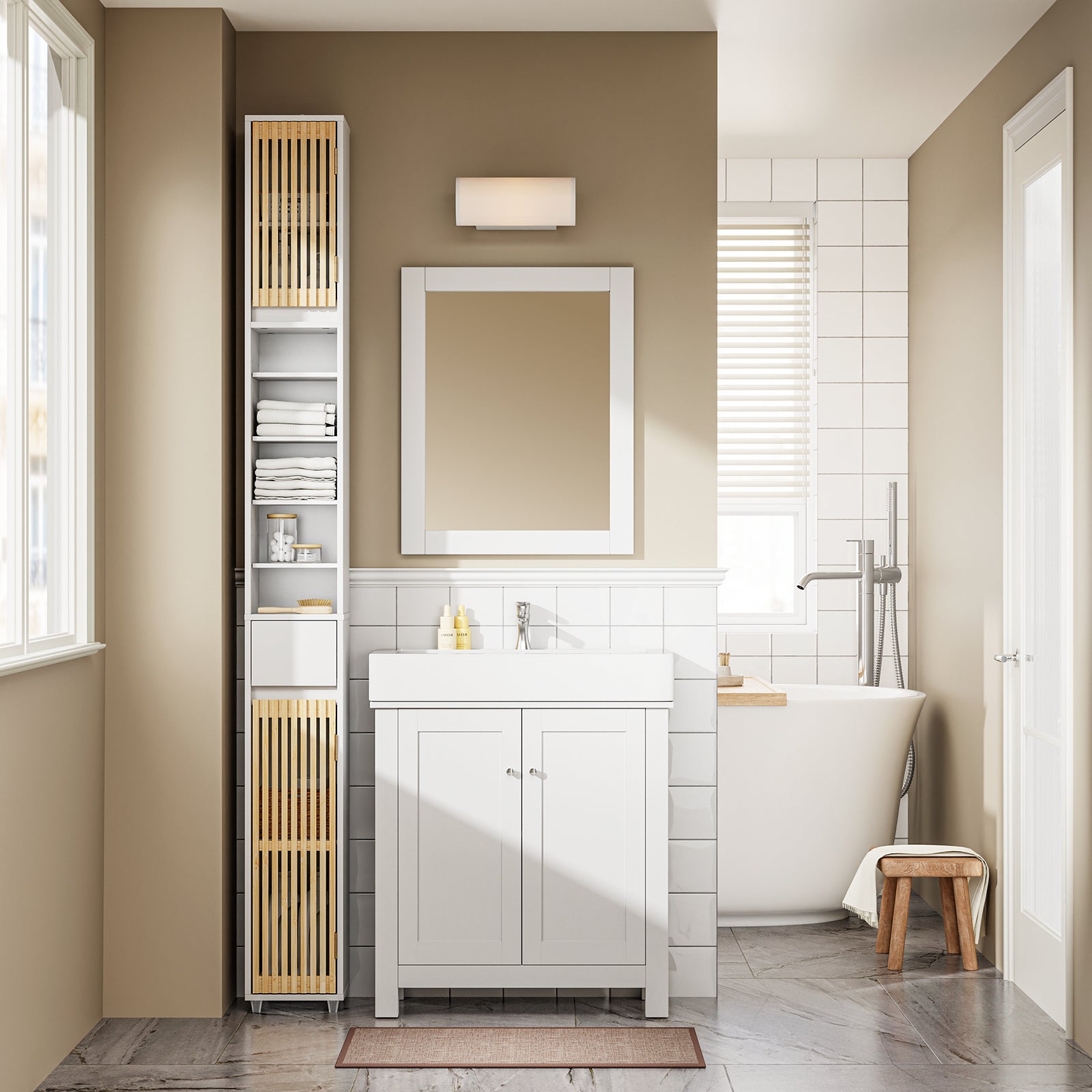 SoBuy Bad Hochschrank mit Verstellbare Ablagen | schmal Weiß 20x180x20cm BZR34-BW