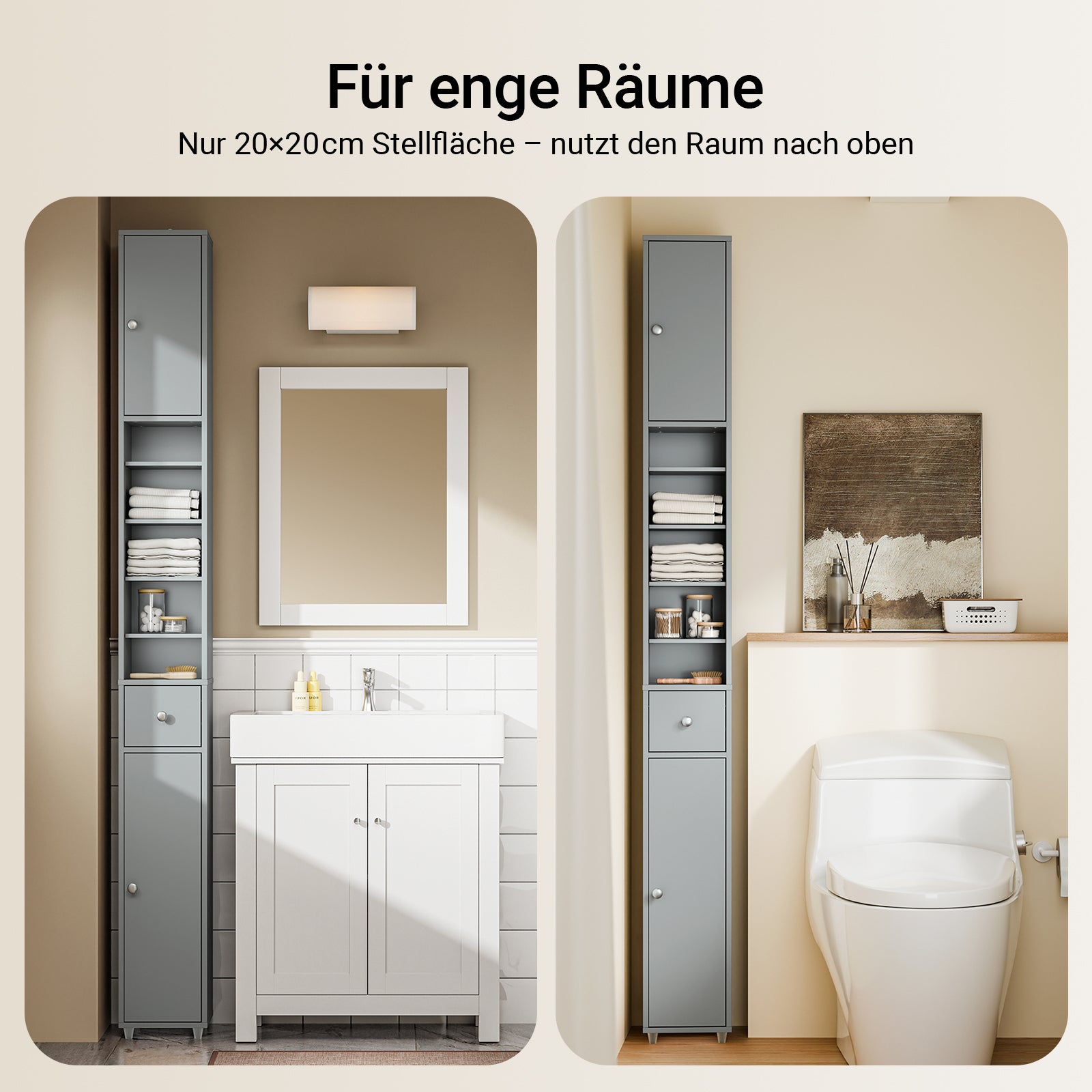 SoBuy | Bad Hochschrank | mit Verstellbare Ablagen schmal | Hellgrau | 20x180x20cm | BZR34-II-HG