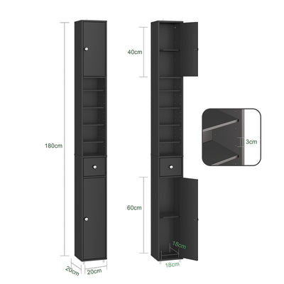 SoBuy | Bad Hochschrank | mit Verstellbare Ablagen schmal | Schwarz | 20x180x20cm | BZR34-II-SCH