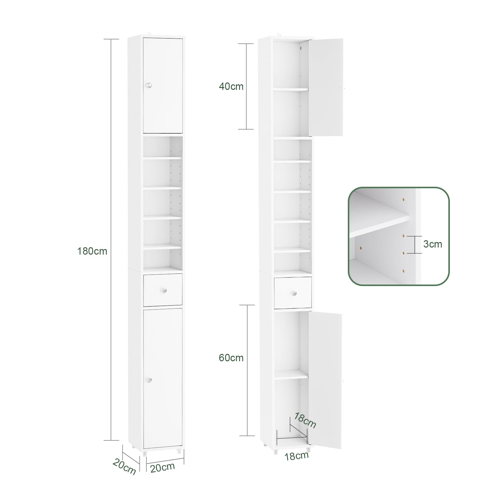 SoBuy | Badhochschrank | mit Verstellbare Ablagen schmal | Weiß | 20x180x20cm | BZR34-II-W