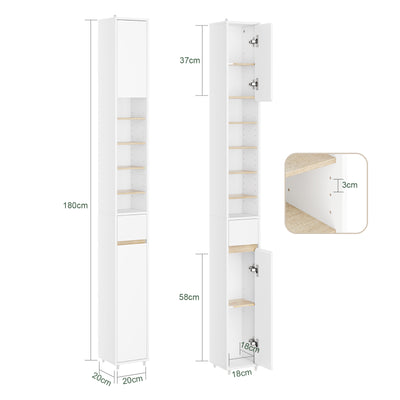 SoBuy | Bad Hochschrank schmal | mit Verstellbare Ablagen | Weiß-Natur | 20x180x20cm | BZR34-WN