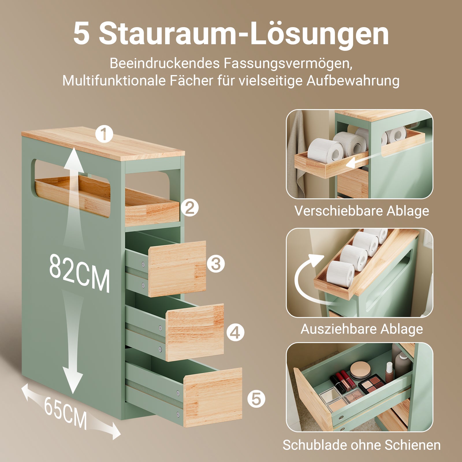 SoBuy | Nischenregal mit 3 Schubladen | Küchenregal | Rollwagen | Grün | BZR54-II-GR