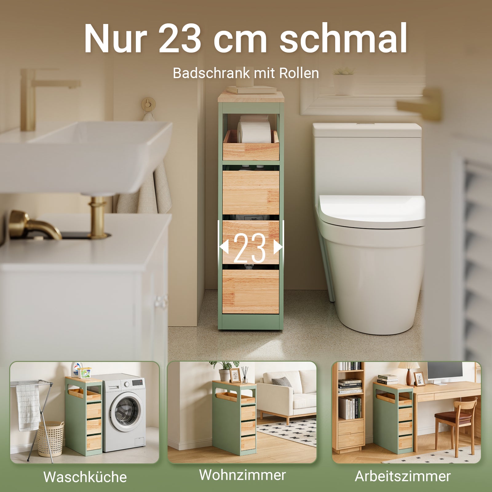 SoBuy | Nischenregal mit 3 Schubladen | Küchenregal | Rollwagen | Grün | BZR54-II-GR