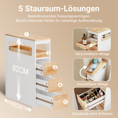SoBuy Badezimmerschrank Schmal mit Rollen Weiß 65x23x82cm BZR54-III-WN