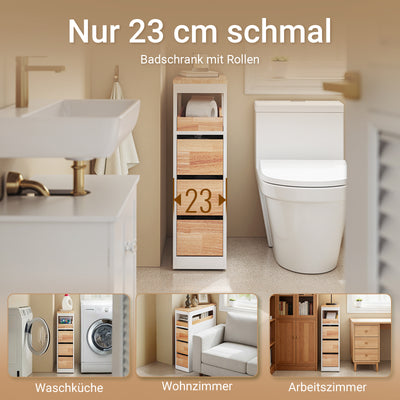 SoBuy Badezimmerschrank Schmal mit Rollen Weiß 65x23x82cm BZR54-III-WN