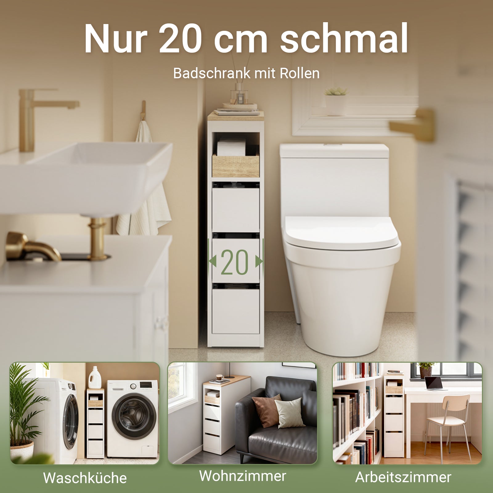SoBuy | Badezimmerschrank mit Rollen | Schmaler | Natur | BZR54-K-W