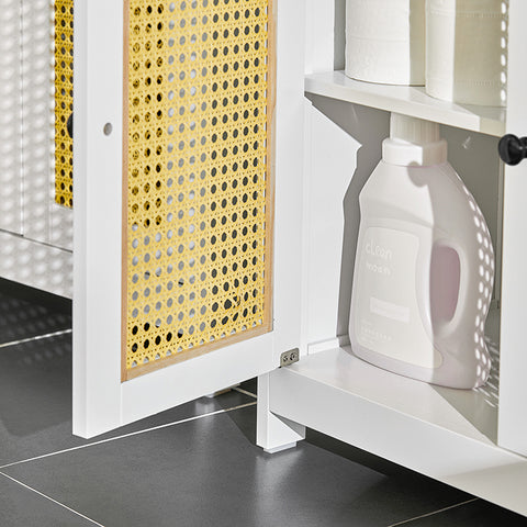SoBuy | Waschbeckenunterschrank mit Gitteroptik-Türen | Badschrank | Waschtisch | Weiß-Gelb | BZR72-II-W