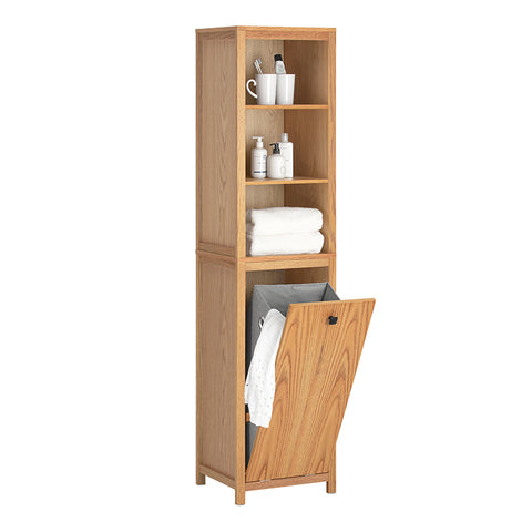 SoBuy | Badschrank schmal mit Wäschesack | Hochschrank | Badregal | Natur | BZR95-N