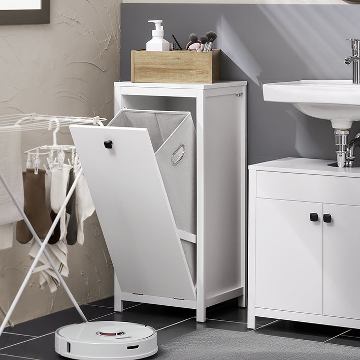 SoBuy | Wäscheschrank mit Wäschetruhe | Wäschesammler | Badschrank | Wäschesack | Weiß | BZR96-W