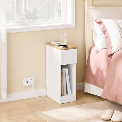 SoBuy | 2er Set Nachttisch schmal Nachtschrank mit Ladestation | Weiß-Natur | 20x60x35cm | FBT111-E-WNx2