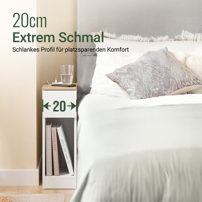 SoBuy | Nachttisch schmal | mit Mehrfachsteckdosen | Weiß-Natur | 20x60x35cm | FBT111-E-WN