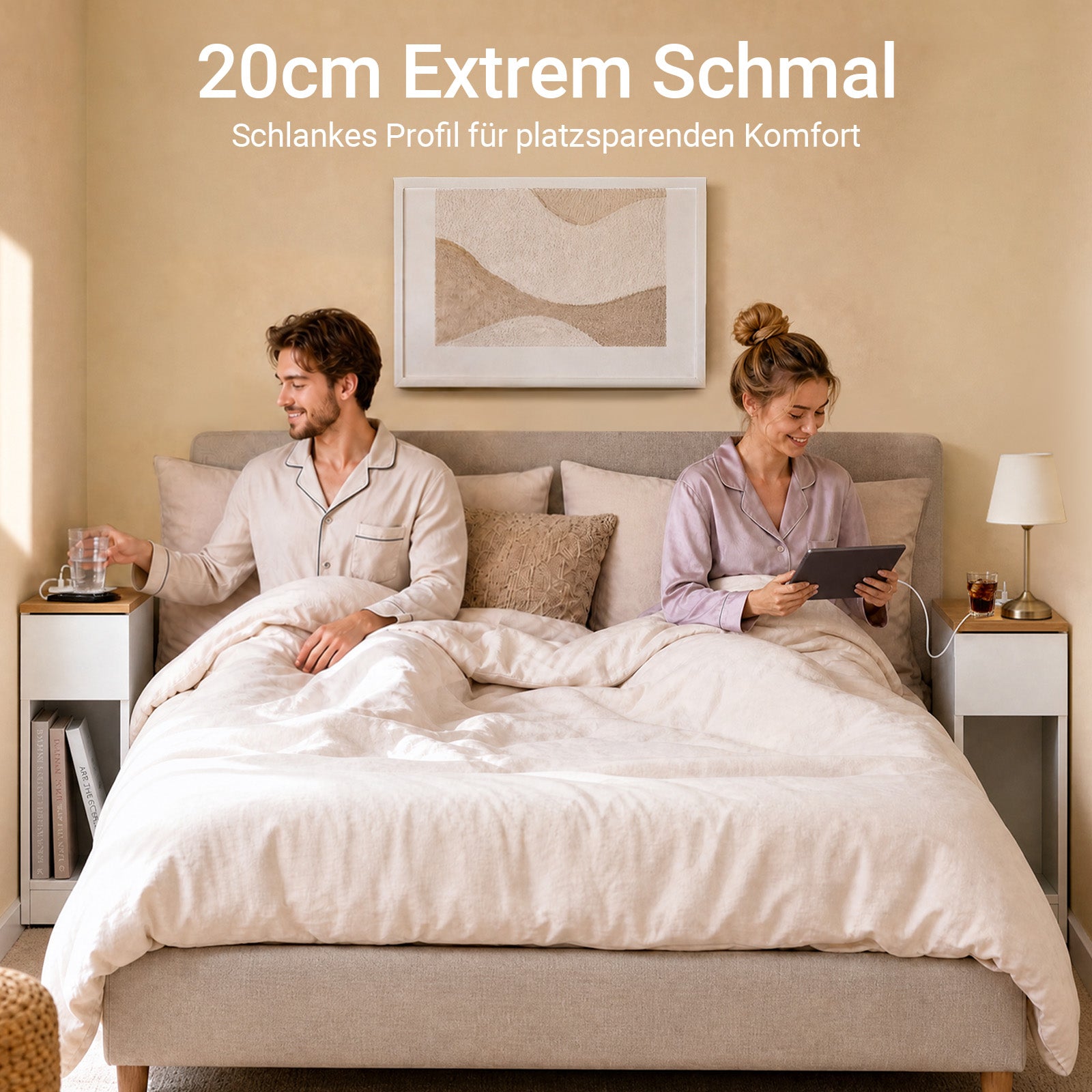SoBuy | 2er Set Nachttisch schmal Nachtschrank mit Ladestation | Weiß-Natur | 20x60x35cm | FBT111-E-WNx2