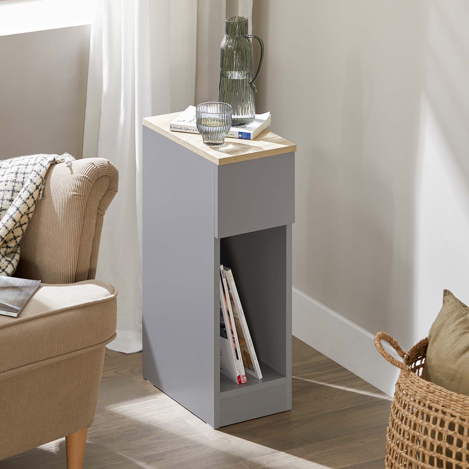 SoBuy Nachttisch 2er Set schmal Beistelltisch mit Schublade Hellgrau 20x60x35cm FBT111-HGx2