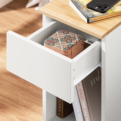 SoBuy Nachttisch schmal | Beistelltisch mit Schublade | Weiß-Natur FBT111-II-WN