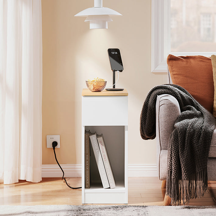 SoBuy Nachttisch schmal | Beistelltisch mit Schublade | Weiß-Natur FBT111-II-WN