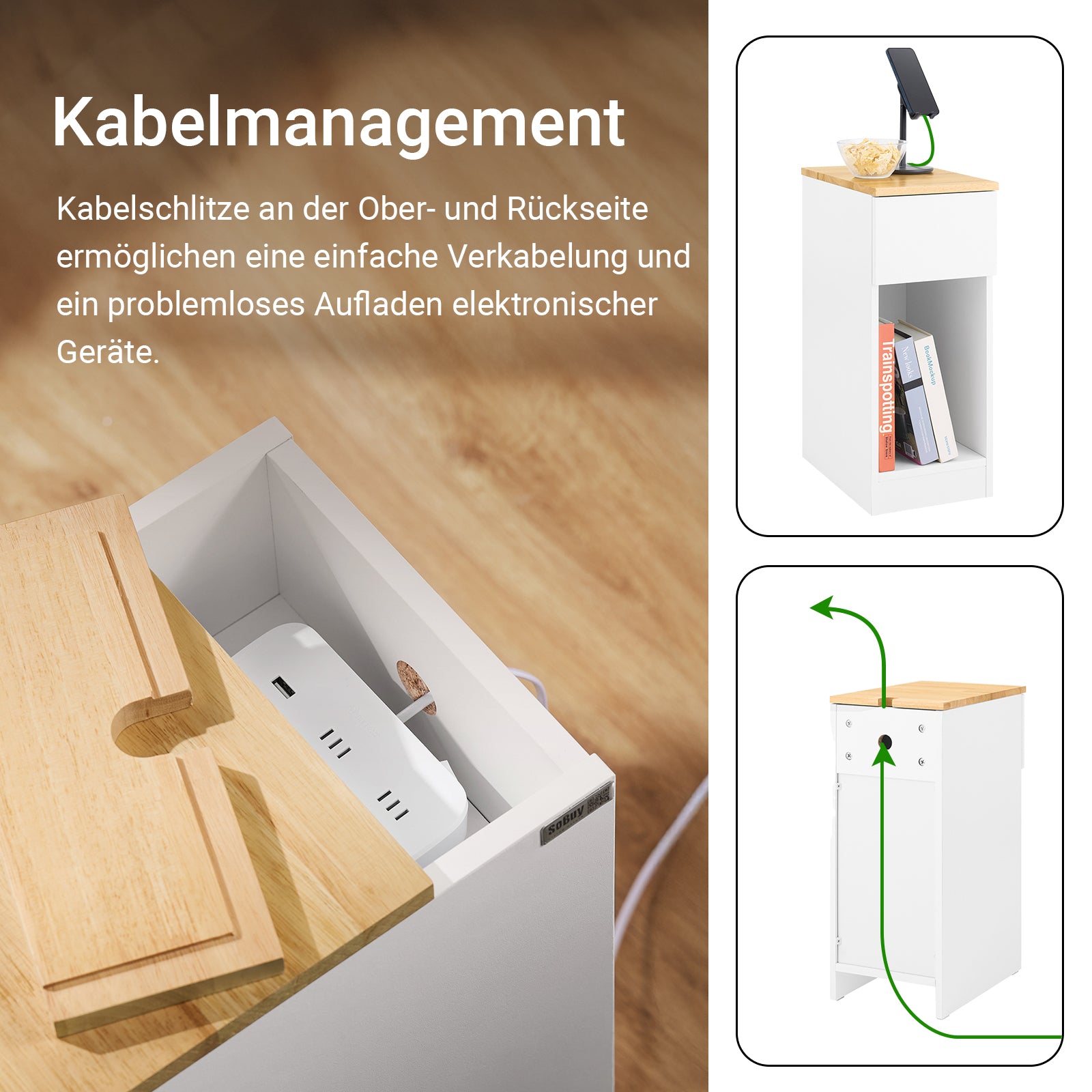 SoBuy Nachttisch schmal | Beistelltisch mit Schublade | Weiß-Natur FBT111-II-WN