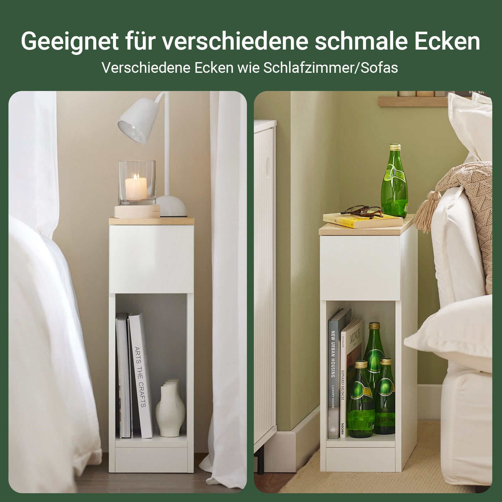 SoBuy 2er Set Nachttisch schmal mit Schublade Weiß 20x60x35cm FBT111-WNx2