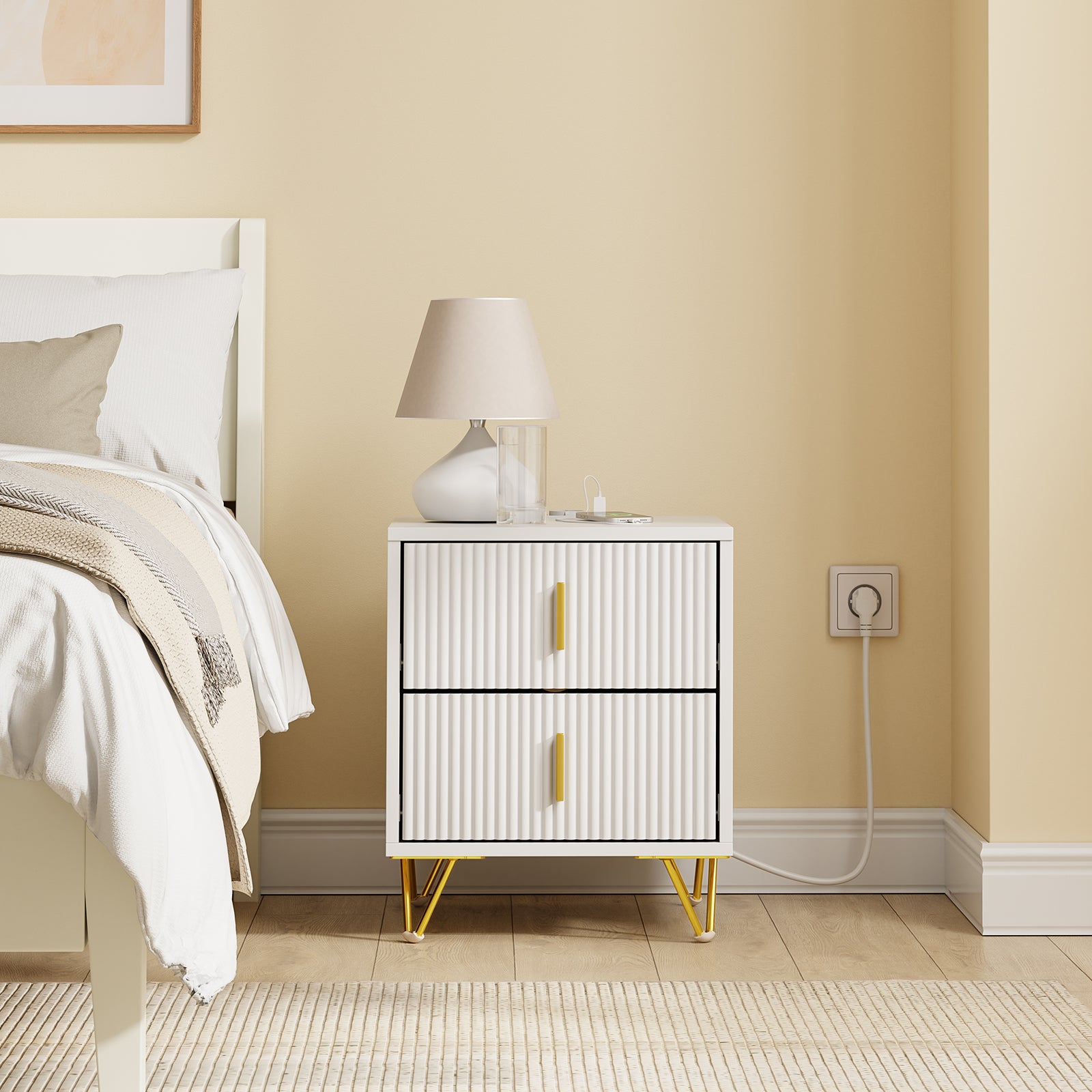 SoBuy | Nachttisch mit 2 Schubladen | Ladefunktion | USB und Type-C | Weiß |  FBT115-E-W