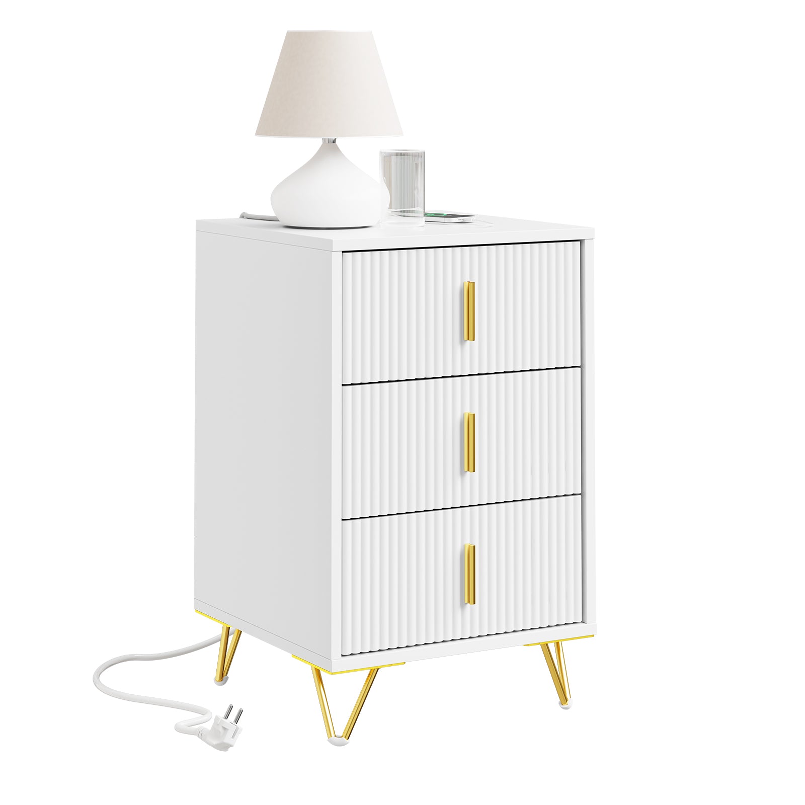 SoBuy | Nachttisch mit 3 Schubladen | Ladefunktion | USB und Type-C | Weiß | FBT115-L-E-W