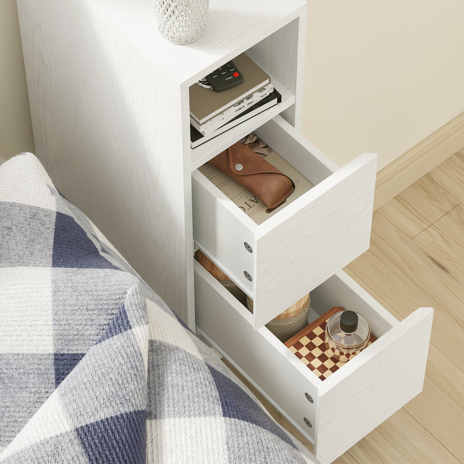 SoBuy Nachttisch schmal 20cm breit mit 2 Schubladen Platzsparender Weiß FBT149-E-WG