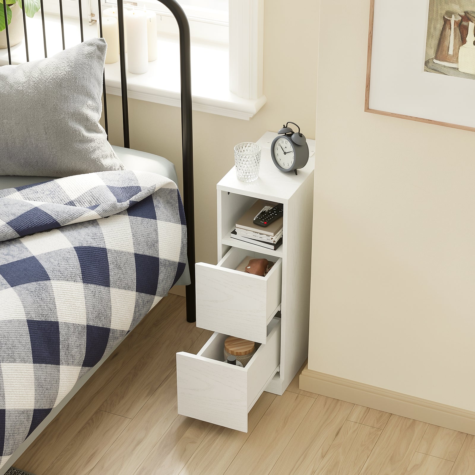 SoBuy Nachttisch schmal 20cm breit mit 2 Schubladen Platzsparender Weiß FBT149-E-WG