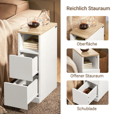 SoBuy Nachttisch schmal 20cm Weiß | 2 Schubladen & offenes Fach 60cm hoch