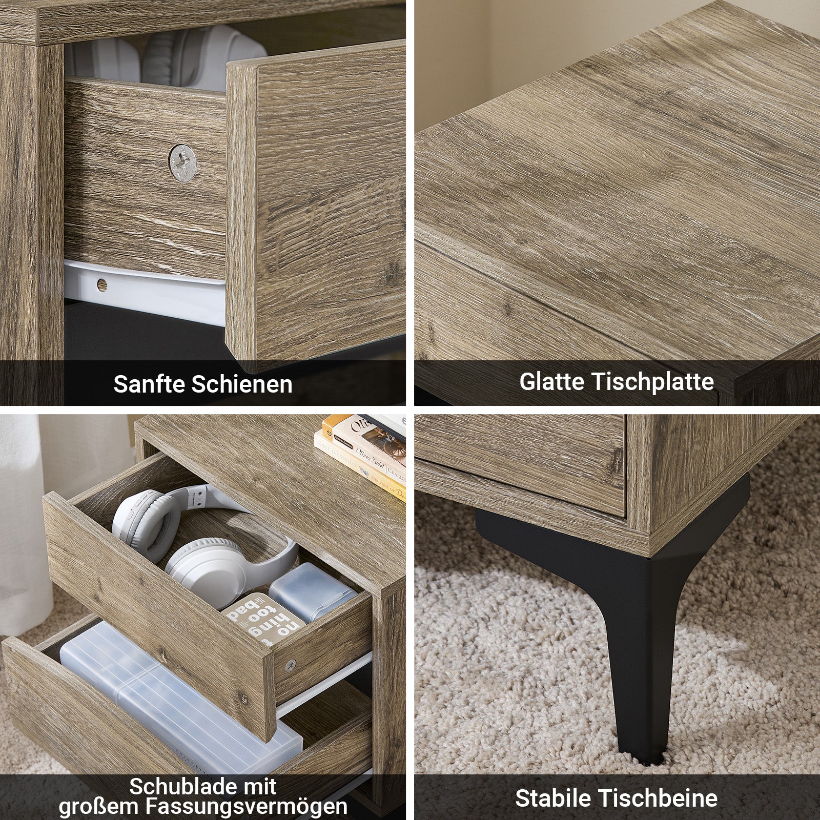 SoBuy Nachttisch Nachtschrank mit 2 Schubladen Natur 40×40×47 cm FBT165-N