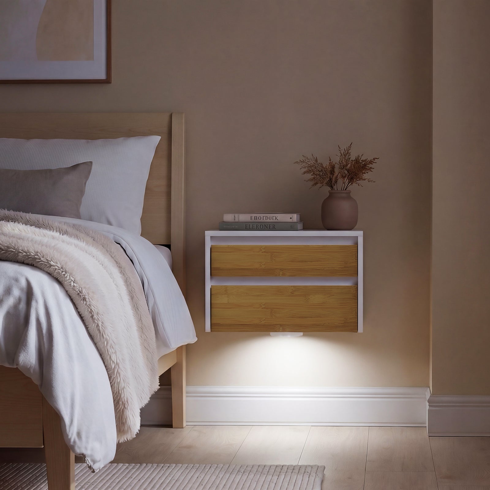 SoBuy Nachttisch hängend mit Sensorlicht und 2 Schublade Weiß FBT175-E-WN
