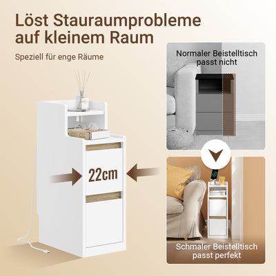 SoBuy | Nachttisch Beistelltisch schmal | mit Mehrfachsteckdosen | Weiß-Natur | 22x60x34cm | FBT178-E-WN