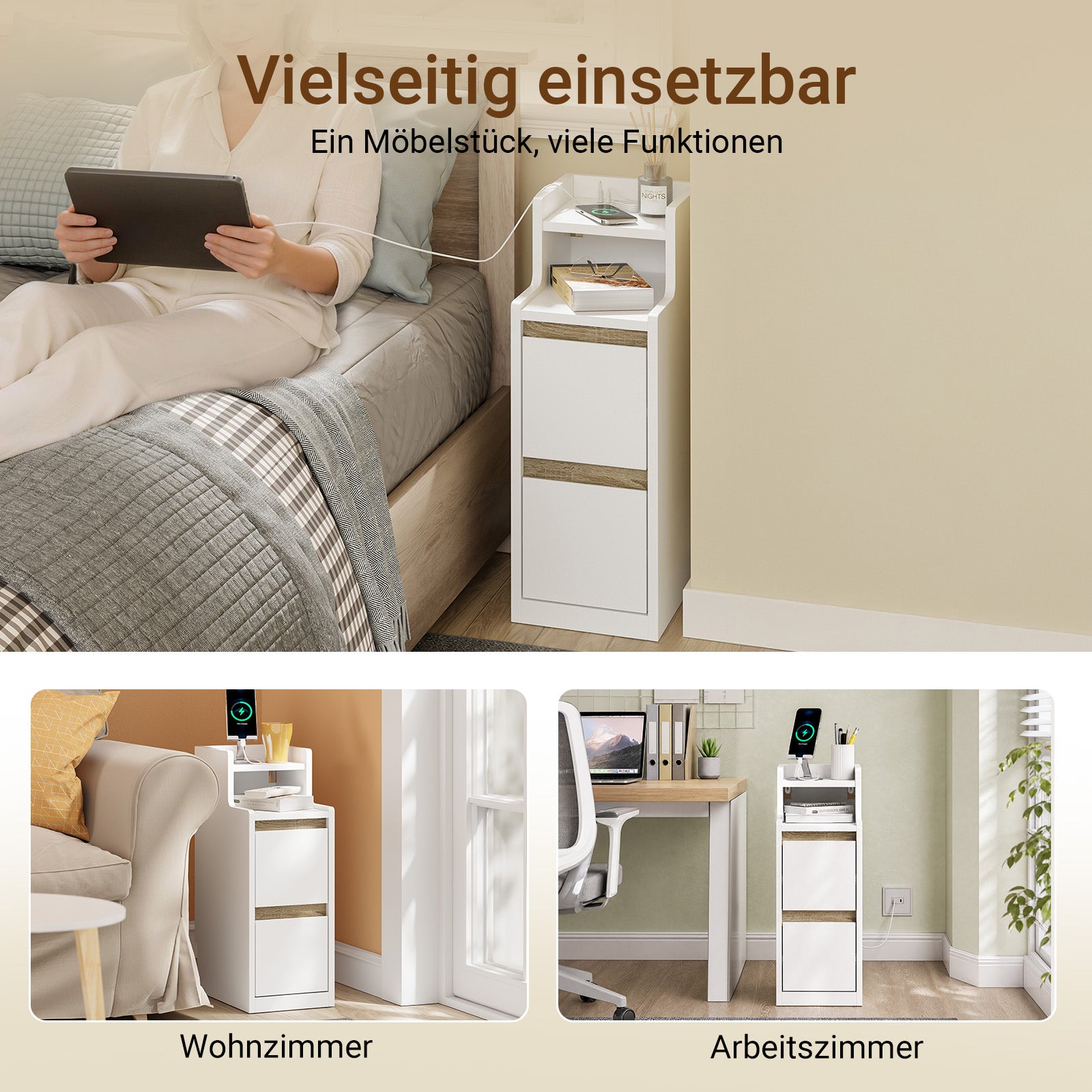 SoBuy | Nachttisch Beistelltisch schmal | mit Mehrfachsteckdosen | Weiß-Natur | 22x60x34cm | FBT178-E-WN