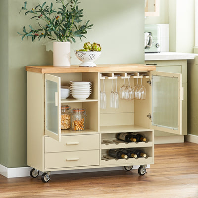 Vorverkauf | SoBuy | Küchenwagen mit Flaschenablage | Kücheninsel mit Weinglashalter | Küchenschrank | Sideboard | Beige | FKW114-MI