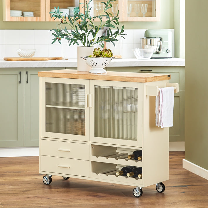 Vorverkauf | SoBuy | Küchenwagen mit Flaschenablage | Kücheninsel mit Weinglashalter | Küchenschrank | Sideboard | Beige | FKW114-MI