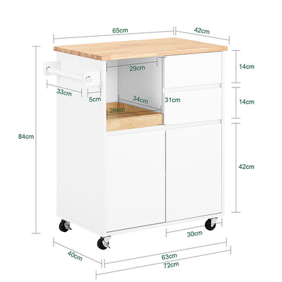SoBuy | Küchenwagen mit Arbeitsplatte | Servierwagen mit Rollen | Weiß | 72x84x40cm FKW123-WN