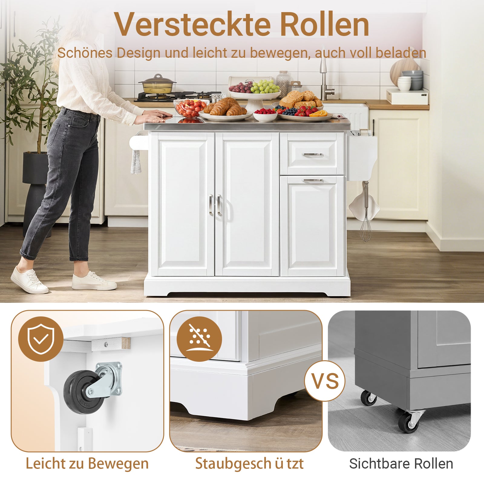 SoBuy | Kücheninsel mit 2 Schubladen | Küchenwagen mit erweiterbarer Arbeitsfläche | Küchenschrank Weiß | FKW128-II-ST