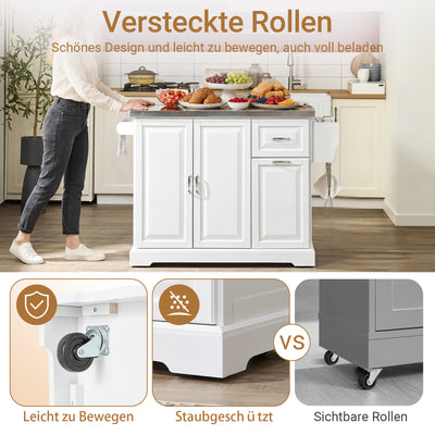 SoBuy | Kücheninsel mit 2 Schubladen | Küchenwagen mit erweiterbarer Arbeitsfläche | Küchenschrank Weiß | FKW128-II-ST