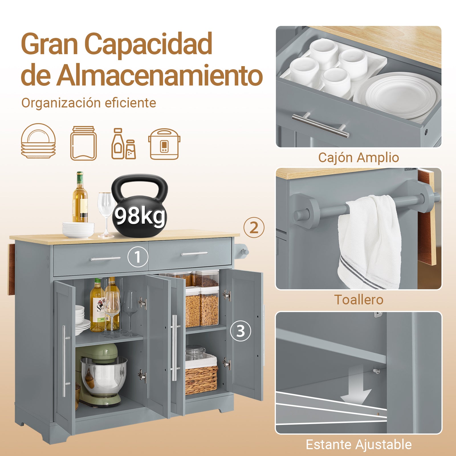 SoBuy Kücheninsel mit Klappplatte & verdeckten Rollen 115x68,7x91 cm Grau FKW129-HG