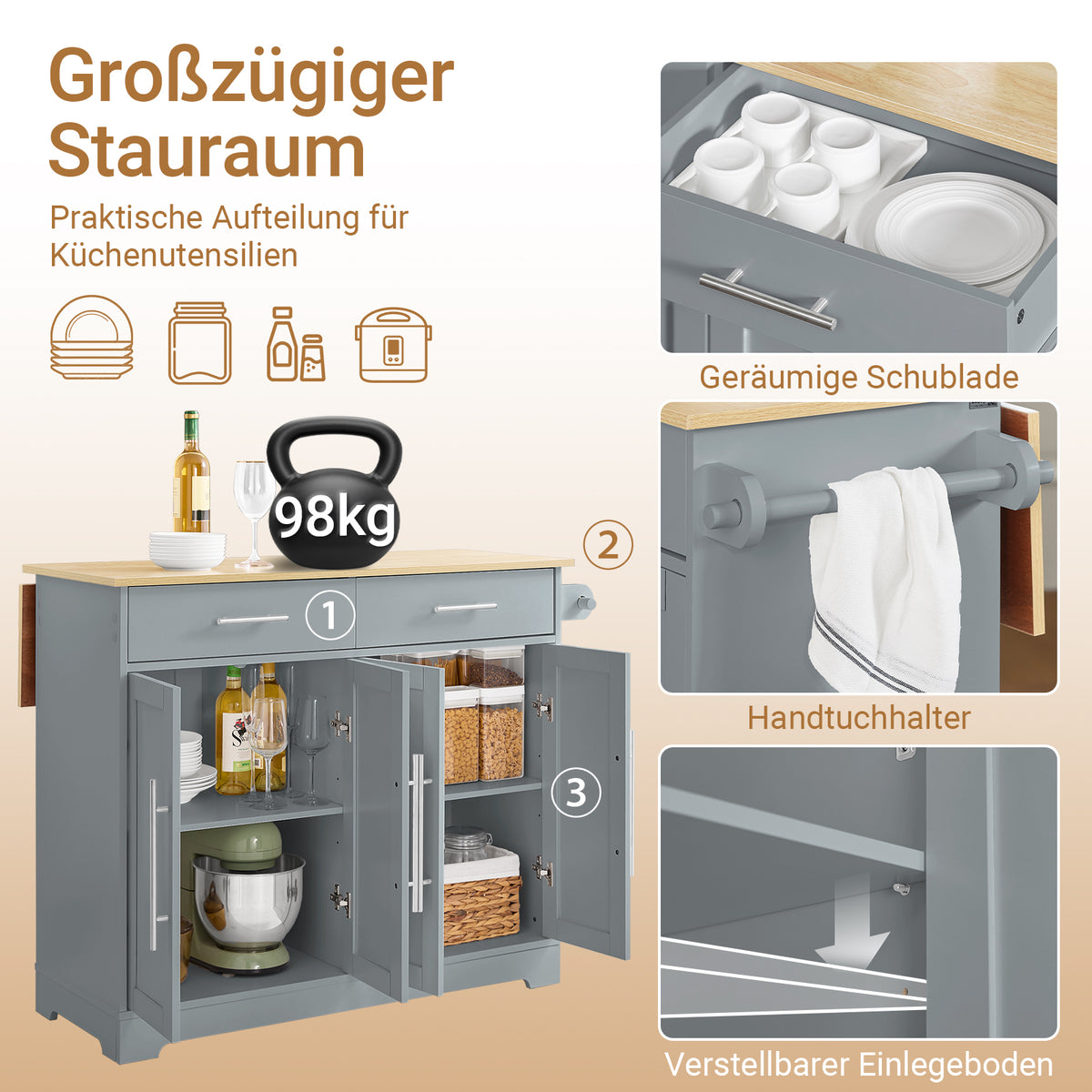 SoBuy Kücheninsel mit Klappplatte & verdeckten Rollen 115x68,7x91 cm Grau FKW129-HG