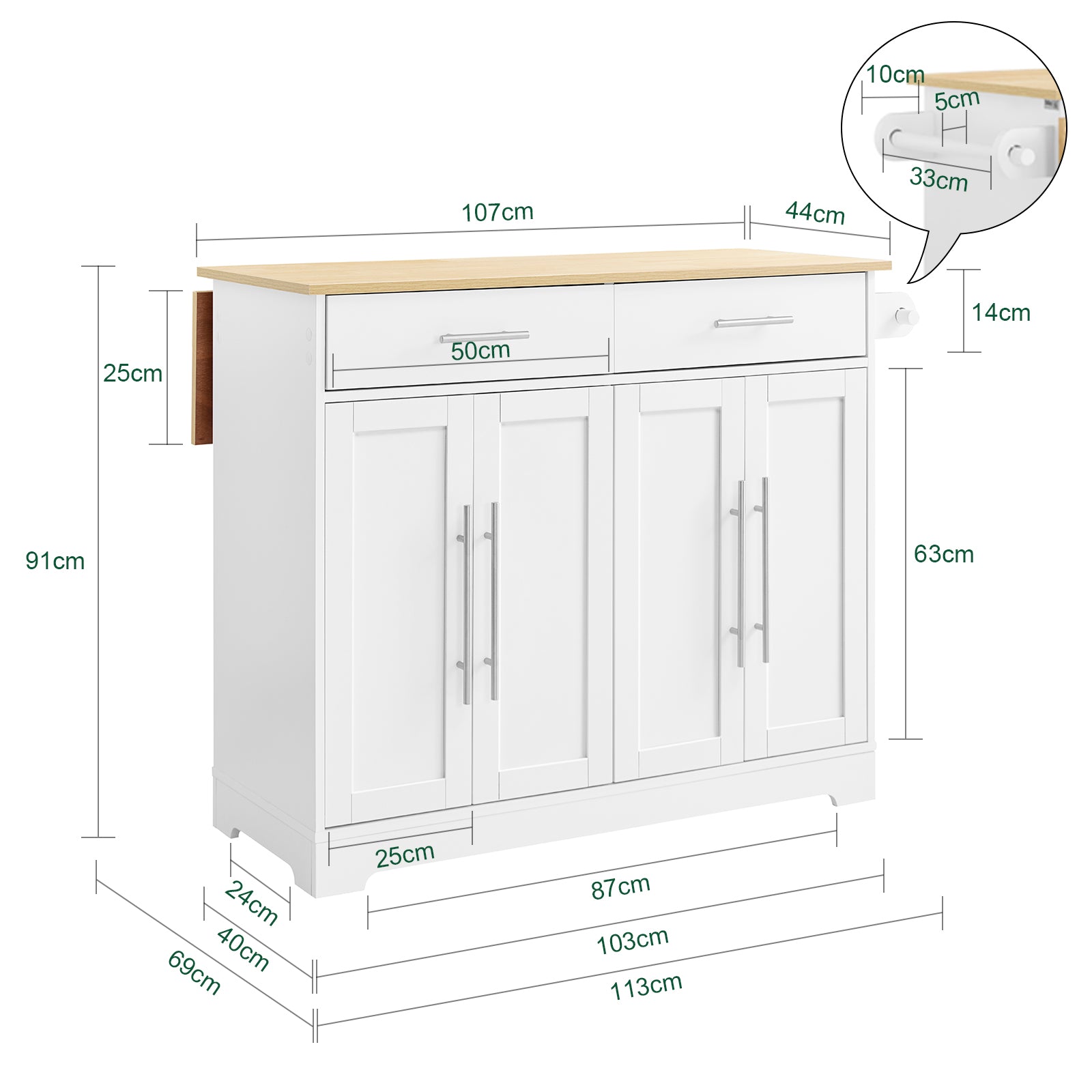 SoBuy | Kücheninsel auf Rollen | mit ausziehbarer Platte | Schubladen | Weiß | 113x91x(44-69) cm | FKW129-WN