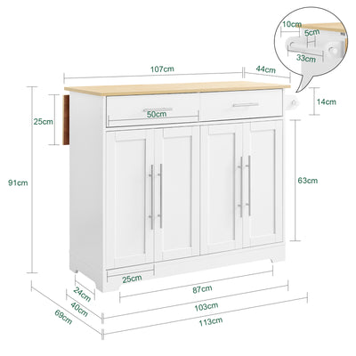 Vorverkauf | SoBuy | Kücheninsel auf Rollen | mit ausziehbarer Platte | Schubladen | Weiß | 113x91x(44-69) cm | FKW129-WN