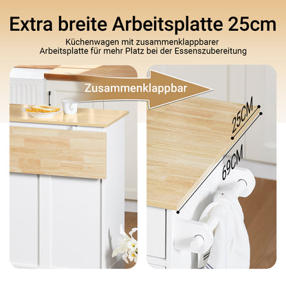 SoBuy | Kücheninsel auf Rollen | mit ausziehbarer Platte | Schubladen | Weiß | 113x91x(44-69) cm | FKW129-WN
