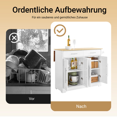 Vorverkauf | SoBuy | Kücheninsel auf Rollen | mit ausziehbarer Platte | Schubladen | Weiß | 113x91x(44-69) cm | FKW129-WN