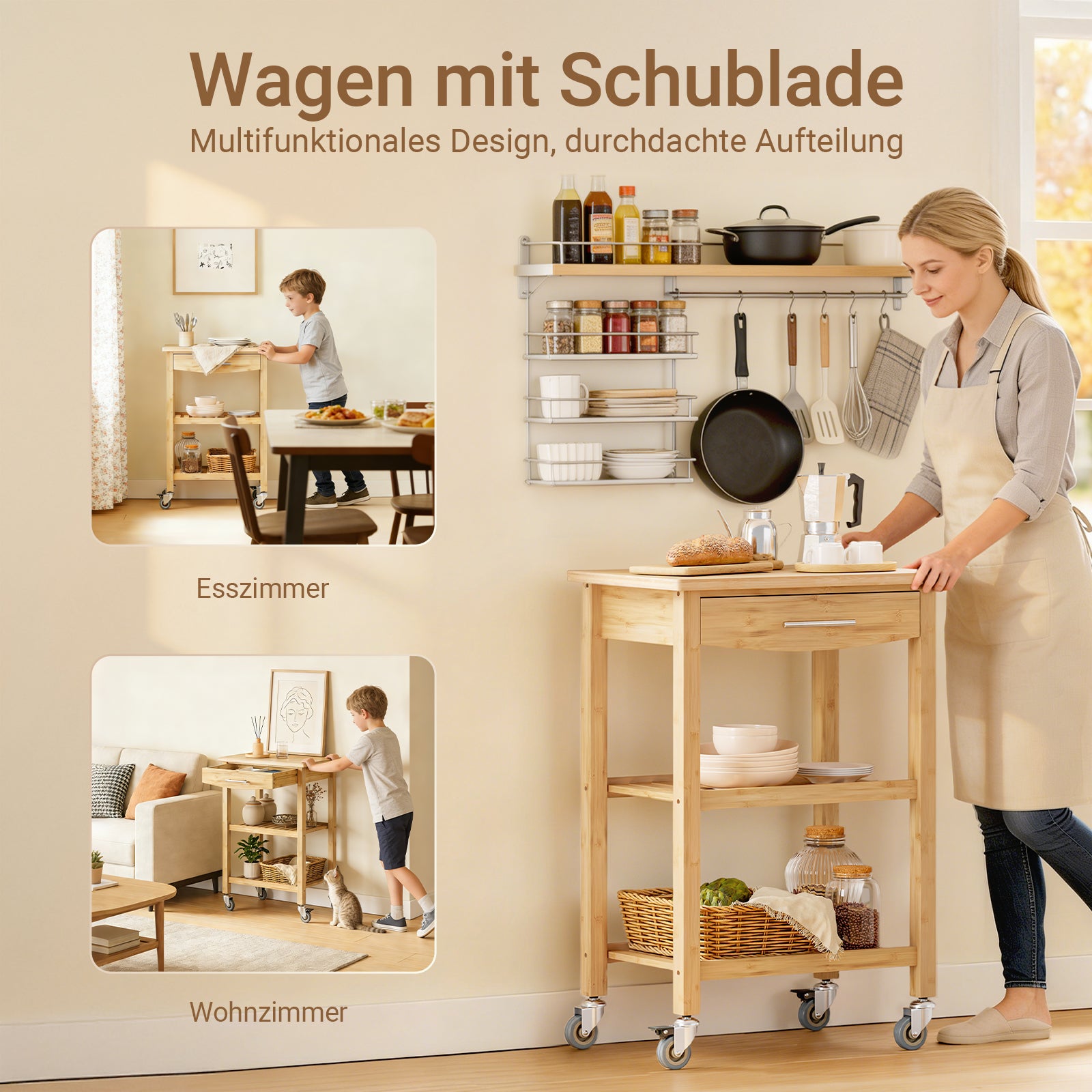 SoBuy | Küchenwagen aus karbonisiertem | Bambus | 58×86×40cm | FKW135-N