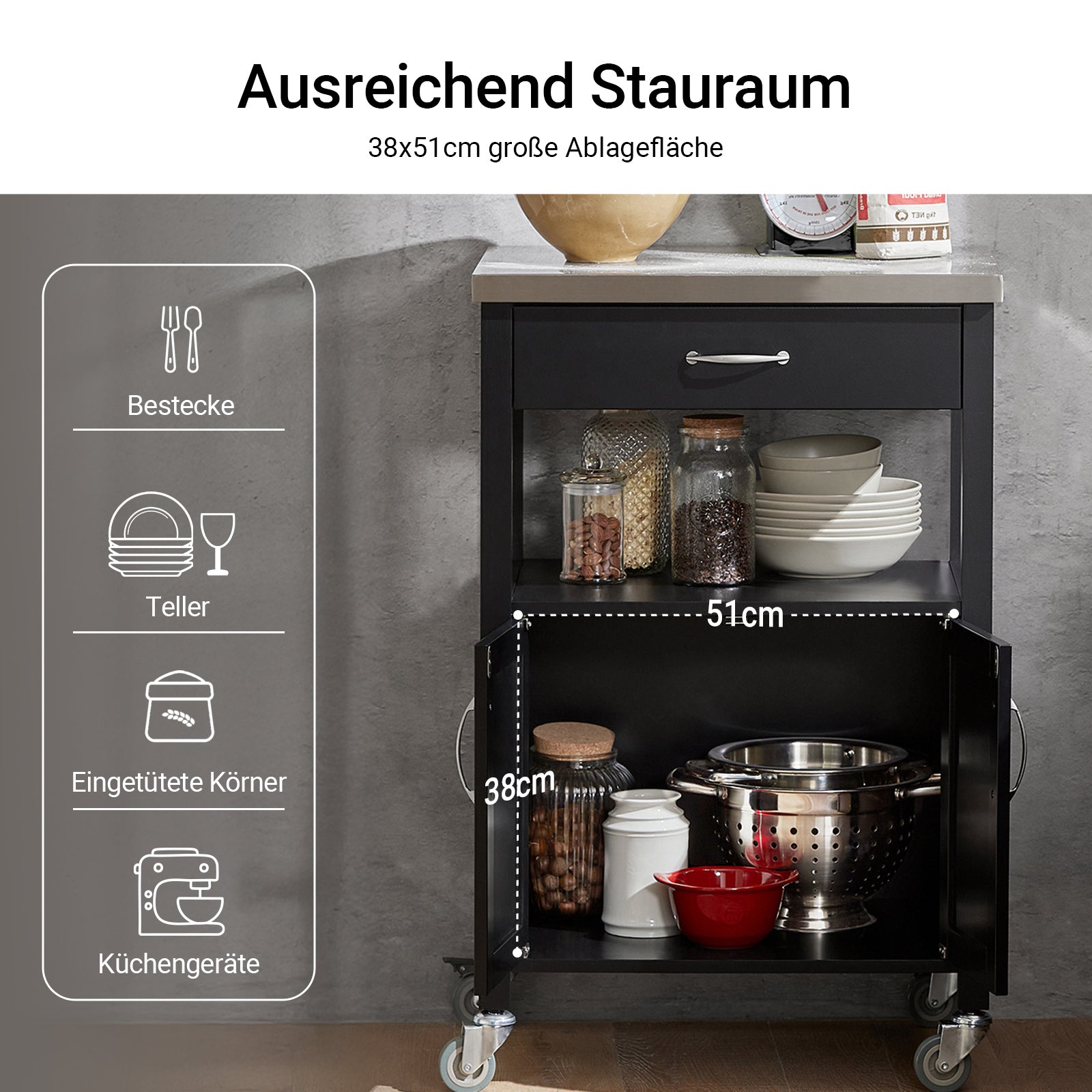 SoBuy Küchenwagen Servierwagen aus Edelstahl Schwarz 60x92x45cm FKW22-SCH