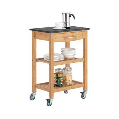 SoBuy | Küchenwagen mit Granitarbeitsplatte | Küchenrollwagen | Servierwagen Bambus | FKW28-SCH