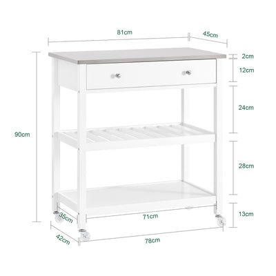 SoBuy | Küchenwagen mit Edelstahlplatte | Sideboard | Servierwagen Weiß | 81x90x45cm | FKW47-II-W