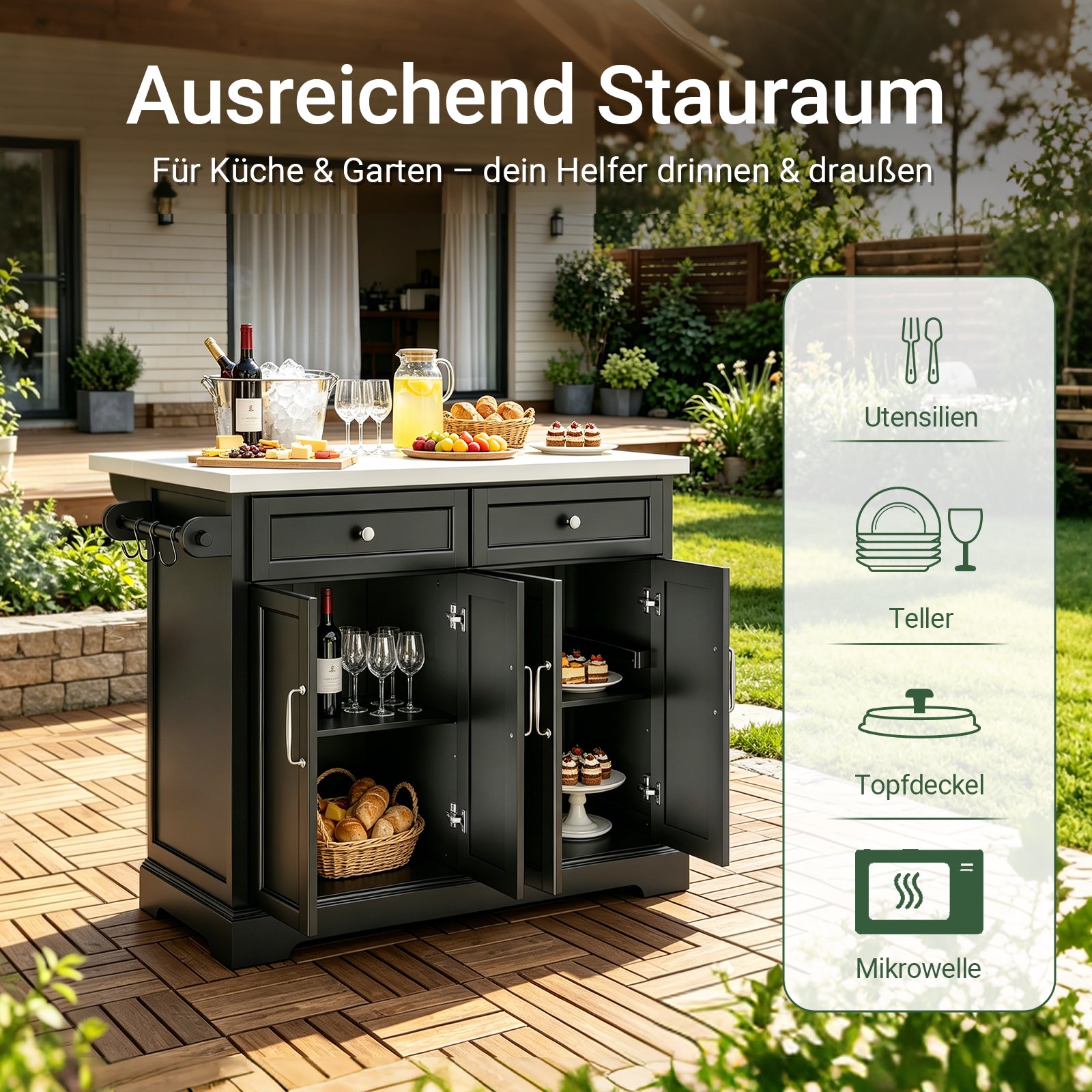 SoBuy | Kücheninsel | Küchenwagen mit erweiterbarer Arbeitsfläche | Küchenschrank Schwarz | FKW71-II-SCH