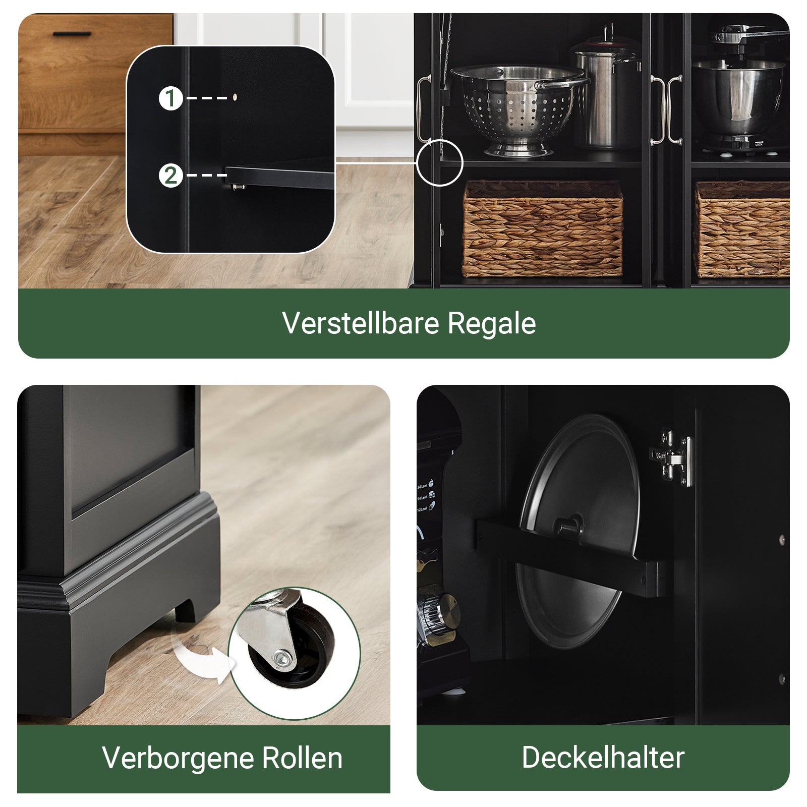 SoBuy | Kücheninsel | Küchenwagen mit erweiterbarer Arbeitsfläche | Küchenschrank Schwarz | FKW71-II-SCH