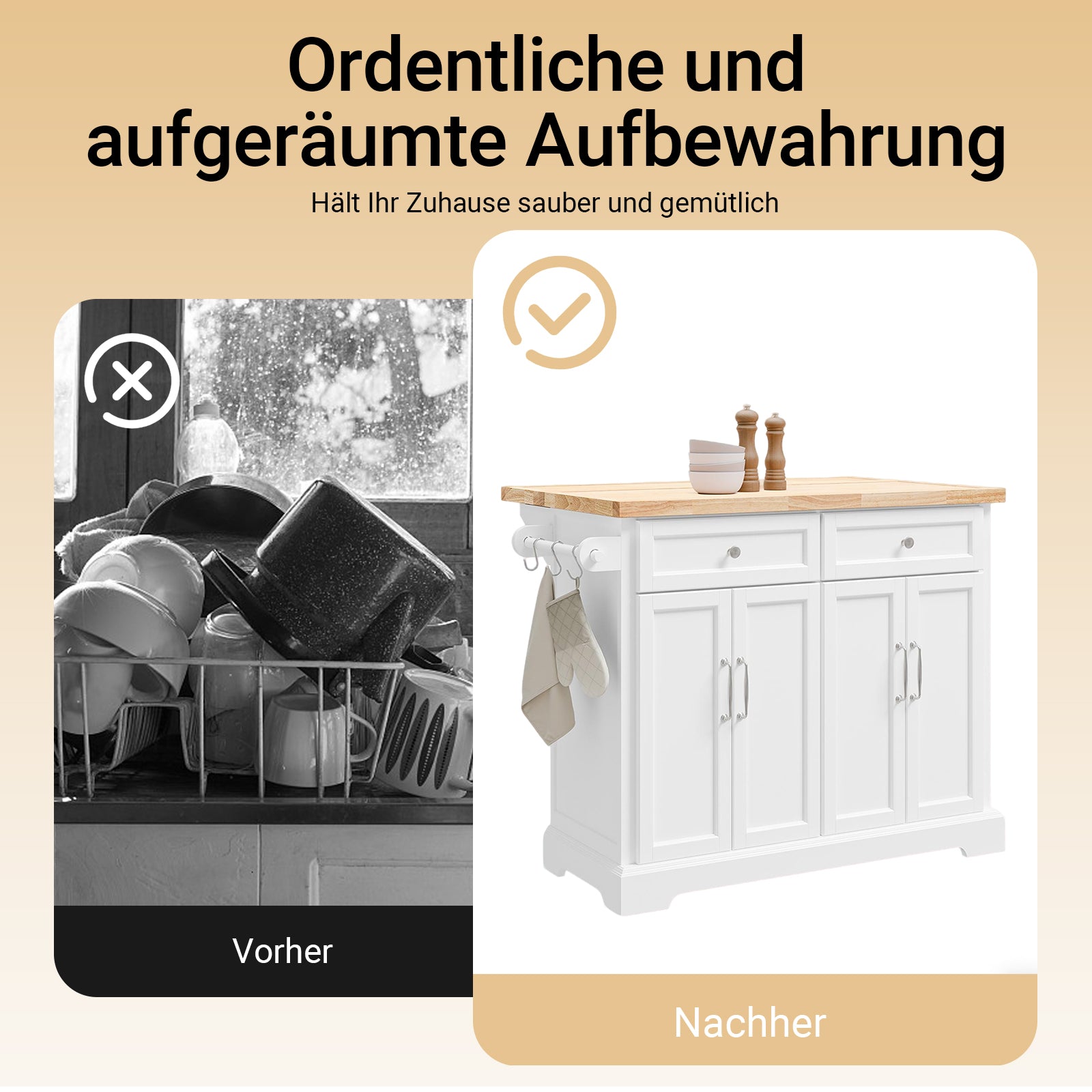 SoBuy | Kücheninsel | Küchenwagen mit erweiterbarer Arbeitsfläche | Küchenschrank Weiß | FKW71-II-WN